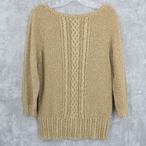 LRL Ralph Lauren Sweater M Gold Metallic Cable Knit Boat Neck Stretch Holidays